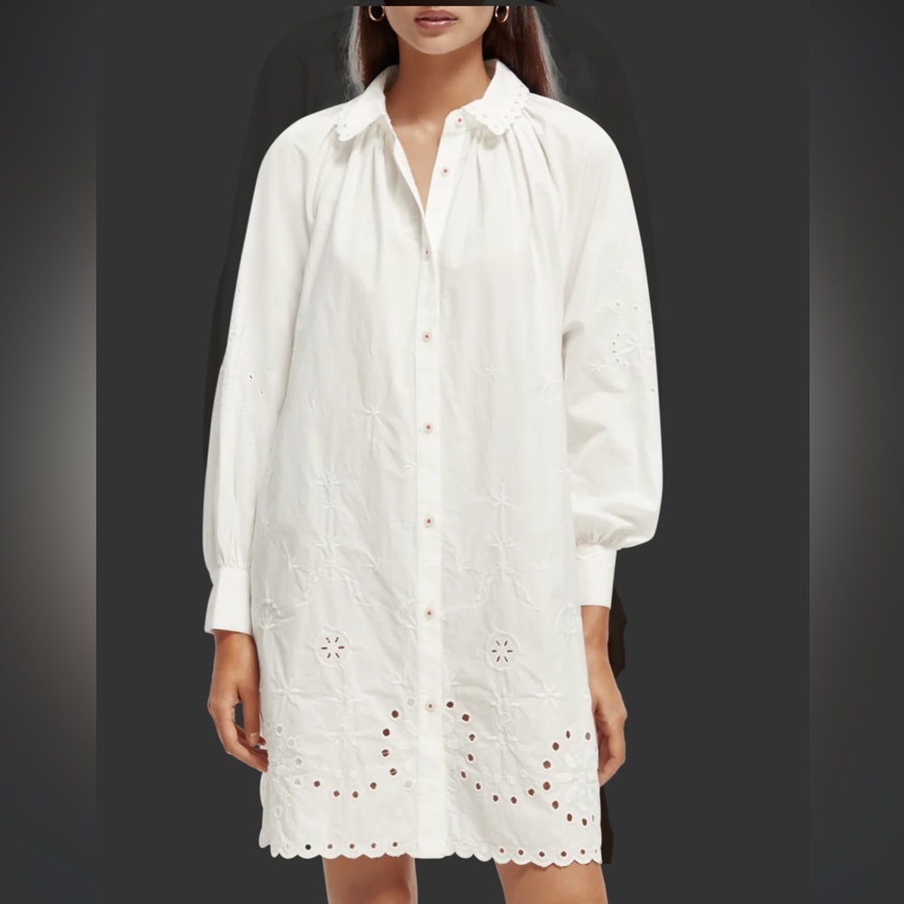 Scotch & Soda Organic Cotton Broderie Anglaise Shirt Dress Embroidered Eyelet - Picture 2 of 16